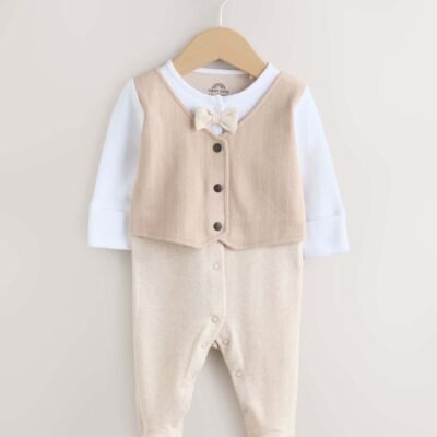 Neutral Smart Bow Tie Baby Sleepsuit