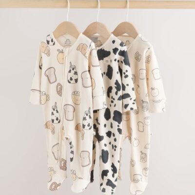 Neutral Two Way Zip Baby Sleepsuit 3 Pack