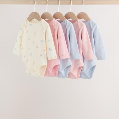 Multi Pastel Character 5 Pack Long Sleeve Baby Bodysuits