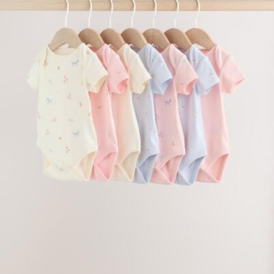 Multi Pastel Character 7 Pack Short Sleeve Baby Bodysuits