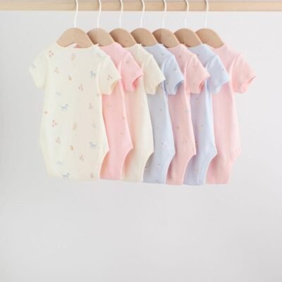Multi Pastel Character 7 Pack Short Sleeve Baby Bodysuits