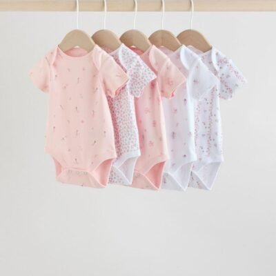Pink 5 Pack Short Sleeve Baby Bodysuit