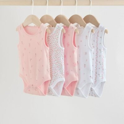 White/Pink 5 Pack Vest Baby Bodysuits