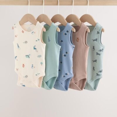 Teal Blue Miniprint Baby Vests 5 Pack