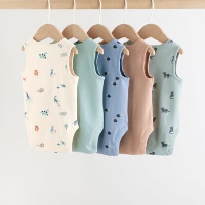 Teal Blue Miniprint Baby Vests 5 Pack