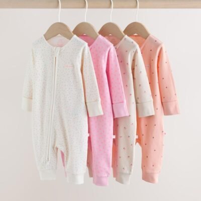 Pink Two Way Zip Baby Sleepsuit 4 Pack