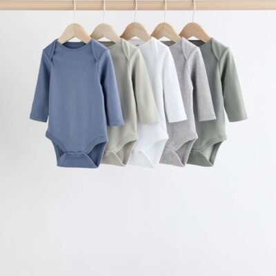 Grey/White Long Sleeve Bodysuits 5 Pack