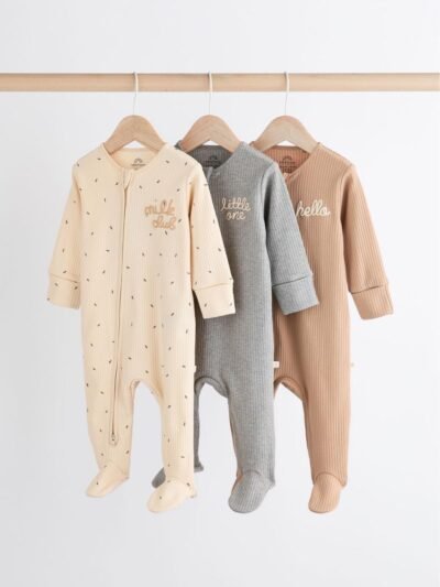 Neutral Milk Club Baby Two Way Zip 100% Cotton Sleepsuits 3 Pack
