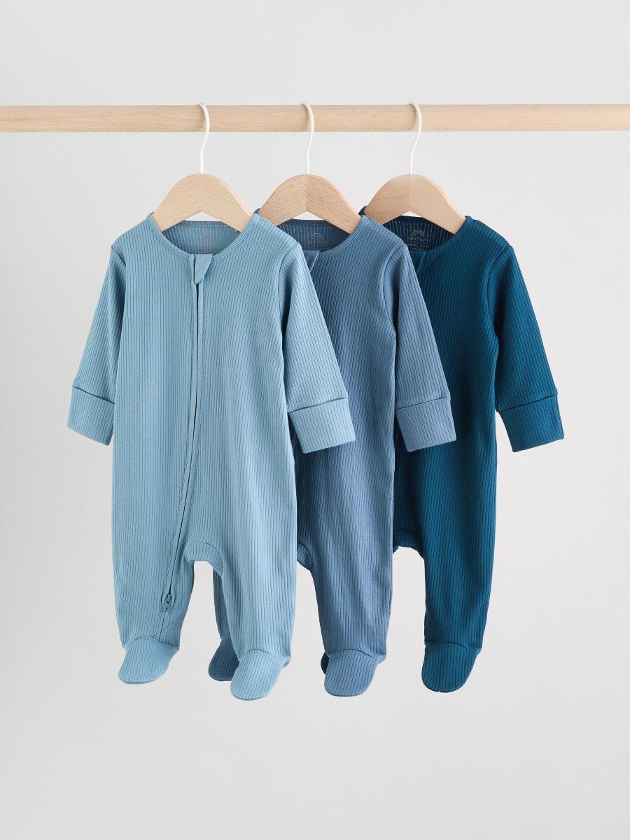 Blue 3 Pack Baby Two Way Zip Sleepsuits