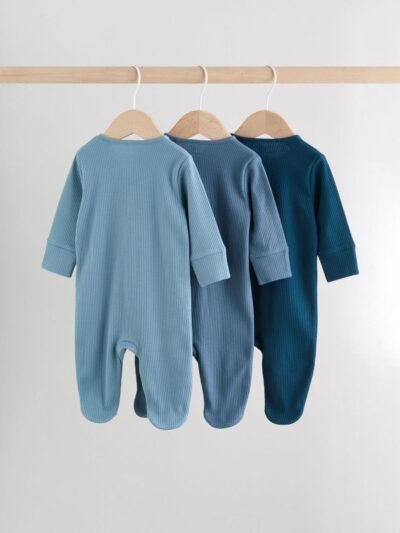Blue 3 Pack Baby Two Way Zip Sleepsuits