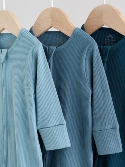 Blue 3 Pack Baby Two Way Zip Sleepsuits