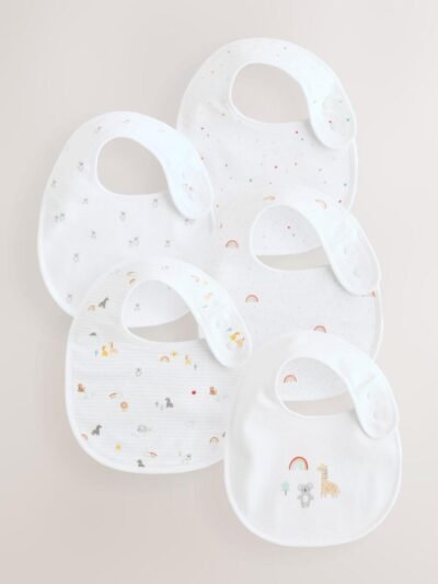 White Animal Print Baby Bibs 5 Pack