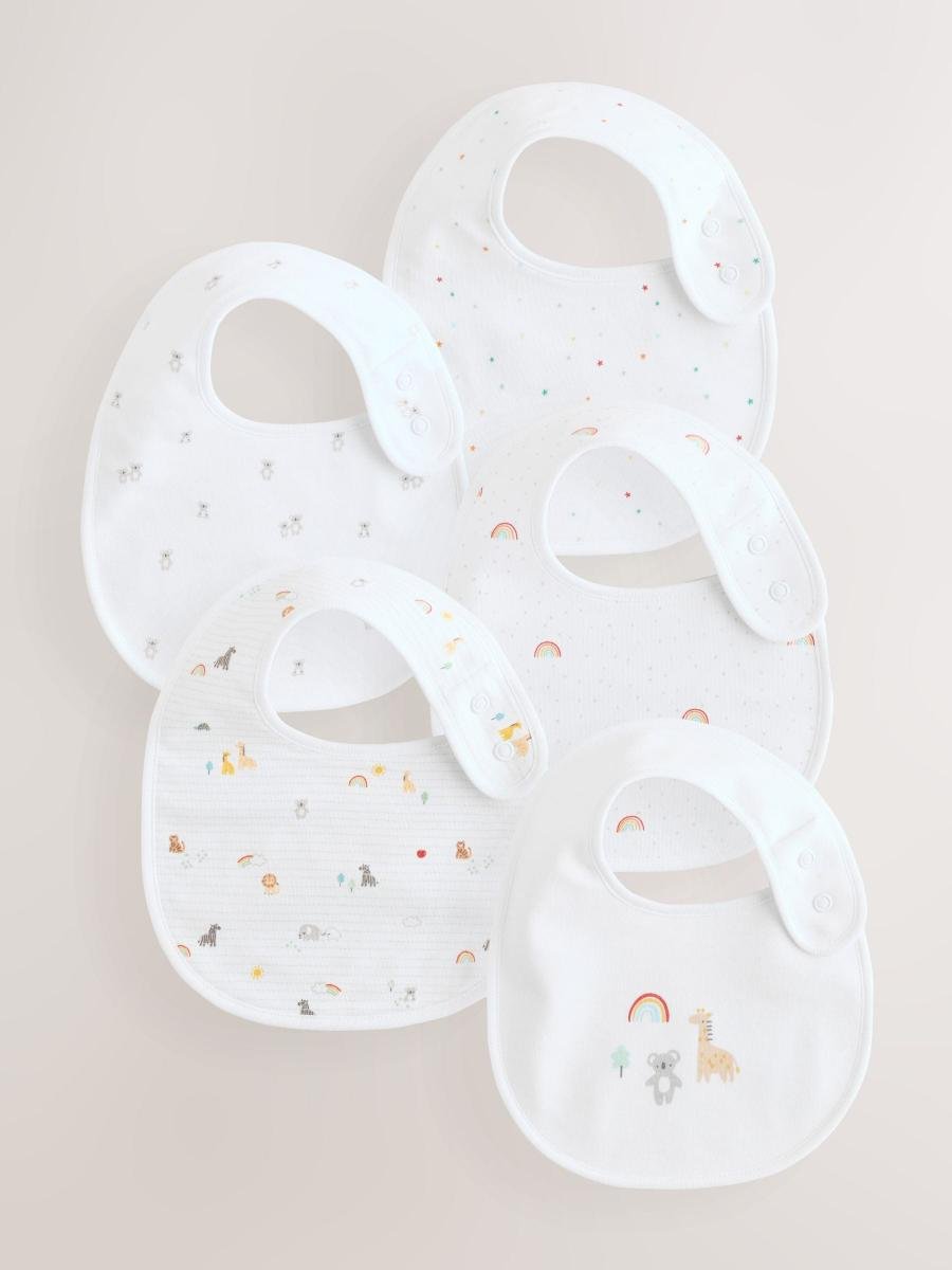 White Animal Print Baby Bibs 5 Pack