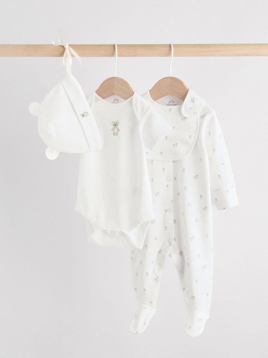 White Baby Sleepsuit, Bodysuit, Beanie and Bib Set 4 Piece