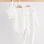 White Baby Sleepsuit, Bodysuit, Beanie and Bib Set 4 Piece