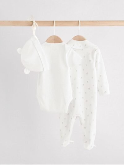 White Baby Sleepsuit, Bodysuit, Beanie and Bib Set 4 Piece