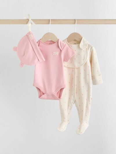 Pink 4 Piece Baby Sleepsuit, Bodysuit, Beanie and Bib Set