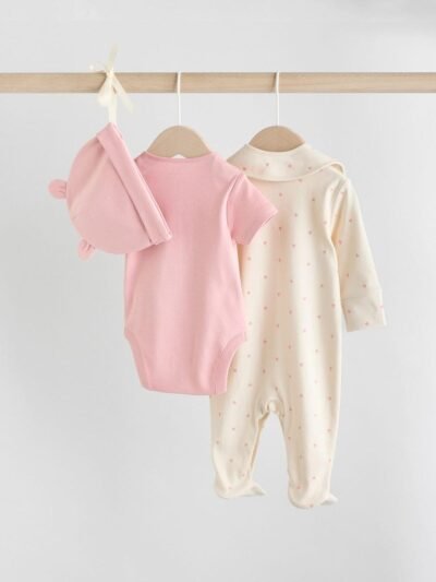 Pink 4 Piece Baby Sleepsuit, Bodysuit, Beanie and Bib Set