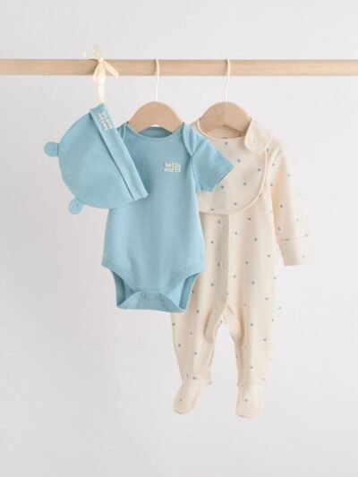 Blue Baby Sleepsuit, Bodysuit, Beanie and Bib Set 4 Piece