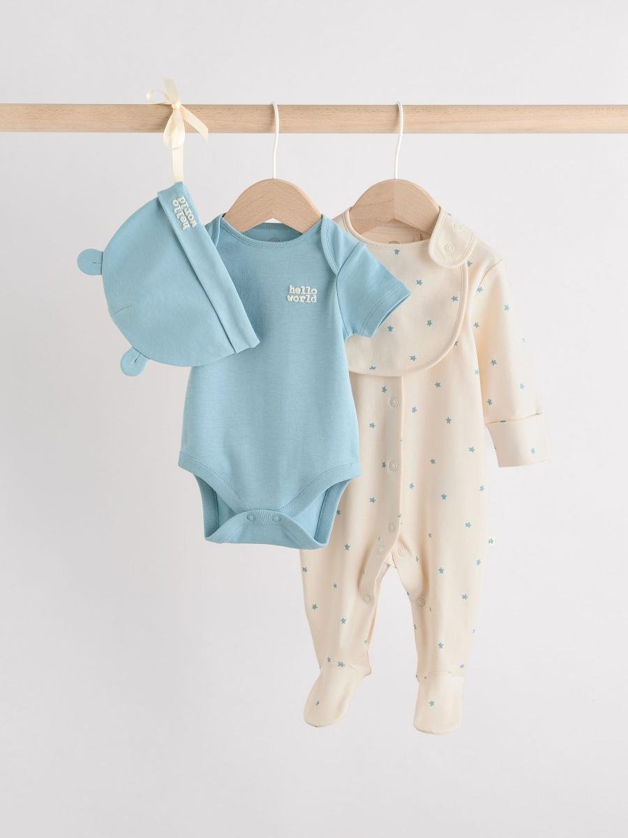 Blue Baby Sleepsuit, Bodysuit, Beanie and Bib Set 4 Piece
