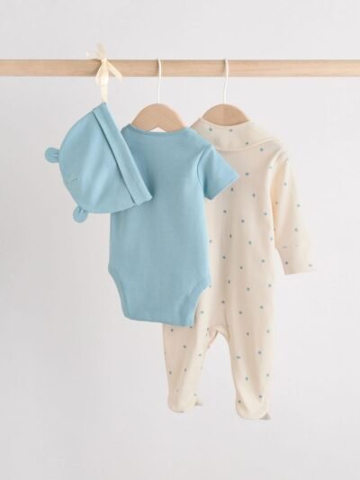 Blue Baby Sleepsuit, Bodysuit, Beanie and Bib Set 4 Piece