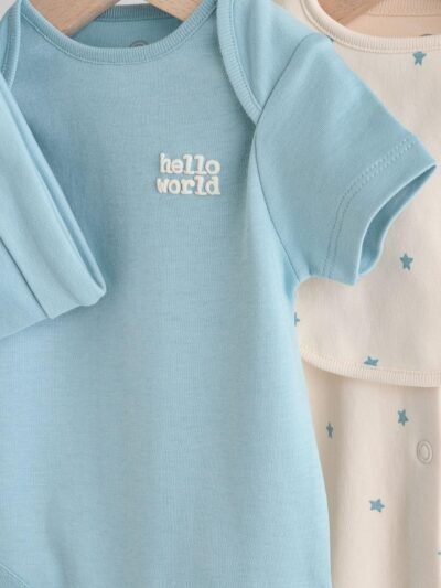 Blue Baby Sleepsuit, Bodysuit, Beanie and Bib Set 4 Piece