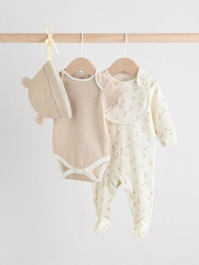 Neutral Baby Sleepsuit, Bodysuit, Beanie and Bib Set 4 Piece