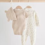 Neutral Baby Sleepsuit, Bodysuit, Beanie and Bib Set 4 Piece