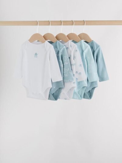 Blue Baby Elephant Long Sleeved Bodysuits 5 Pack
