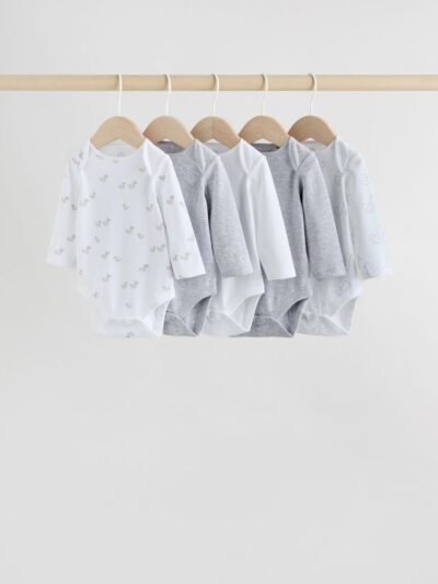 Grey Long Sleeved Baby Bodysuits 5 Pack
