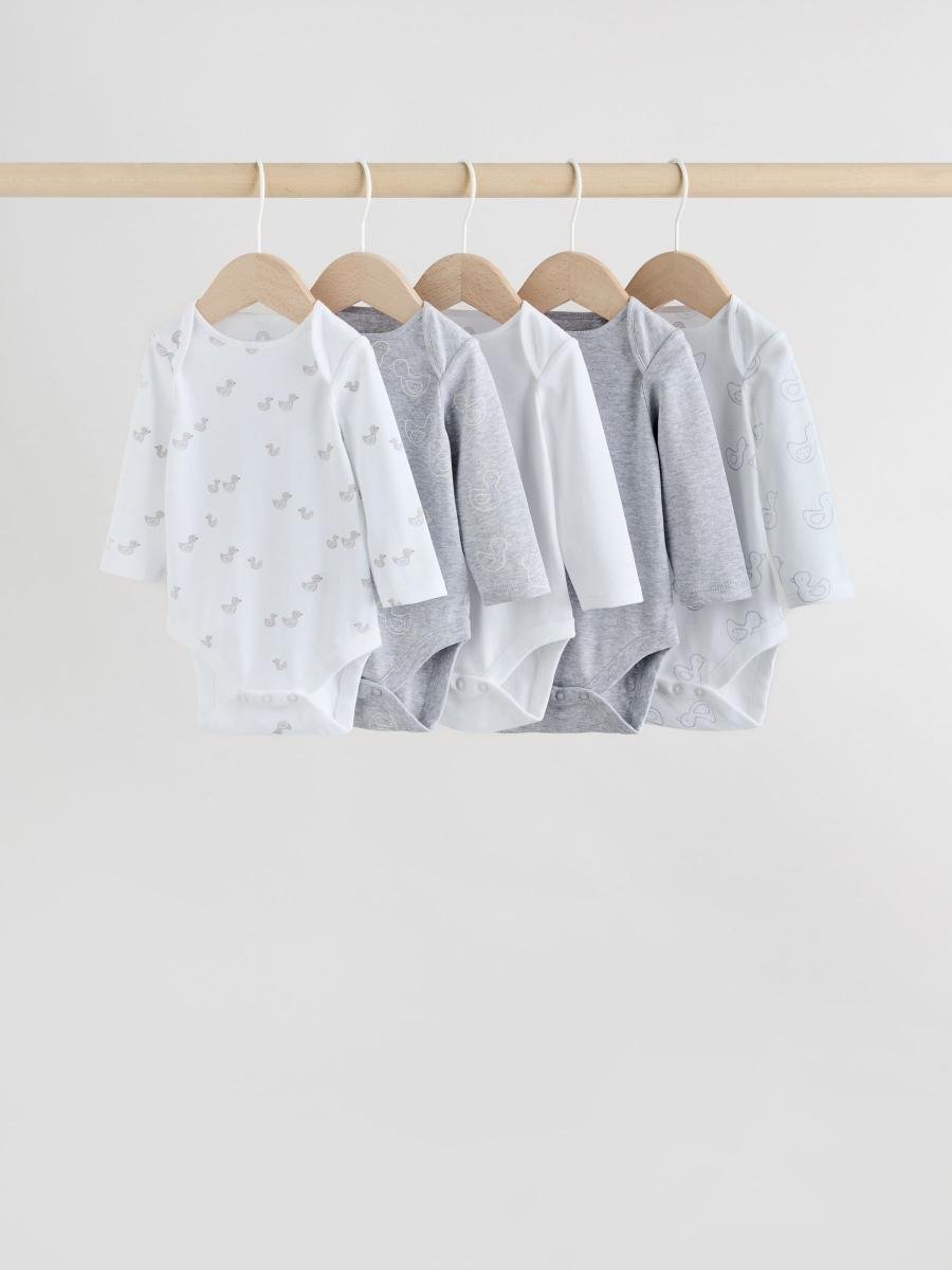 Grey Long Sleeved Baby Bodysuits 5 Pack