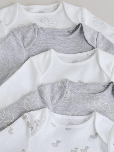 Grey Long Sleeved Baby Bodysuits 5 Pack
