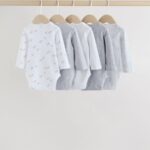 Grey Long Sleeved Baby Bodysuits 5 Pack