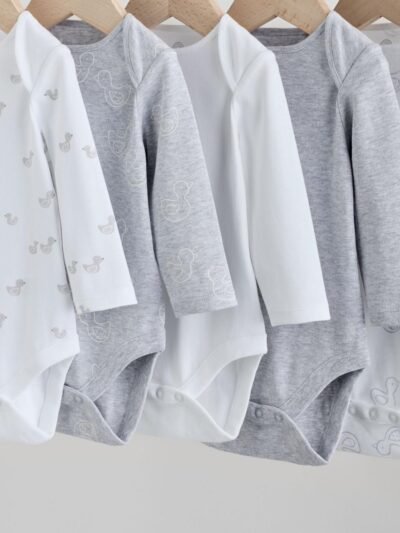 Grey Long Sleeved Baby Bodysuits 5 Pack
