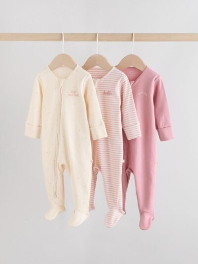Pink Heart Two Way Zip Baby Sleepsuits 3 Pack