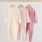 Pink Heart Two Way Zip Baby Sleepsuits 3 Pack