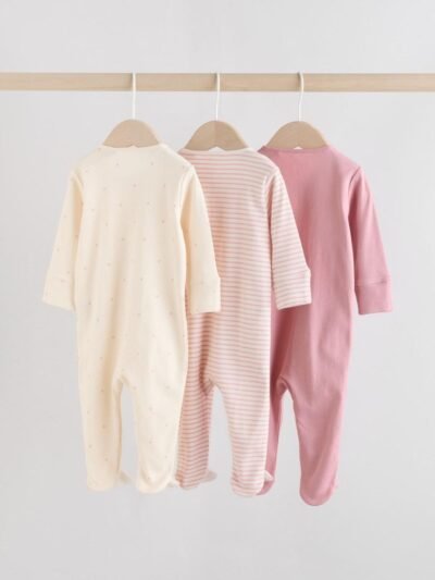 Pink Heart Two Way Zip Baby Sleepsuits 3 Pack