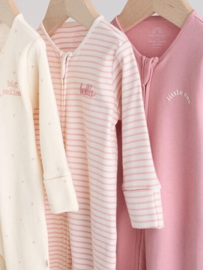 Pink Heart Two Way Zip Baby Sleepsuits 3 Pack