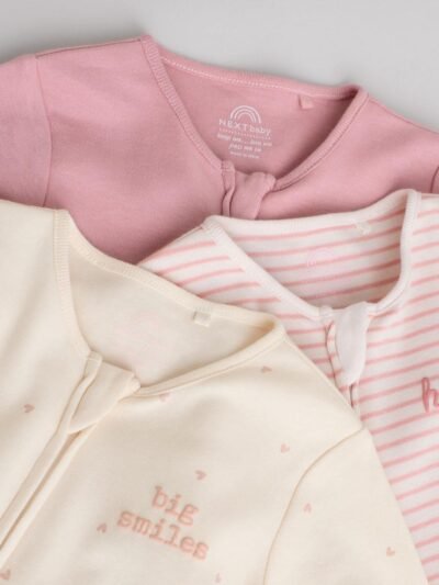 Pink Heart Two Way Zip Baby Sleepsuits 3 Pack