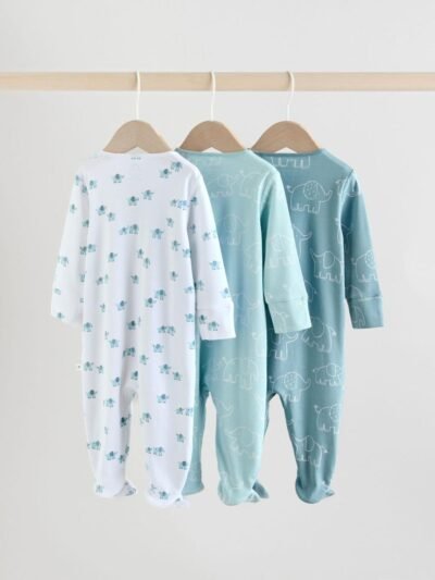 Blue Baby Linear Elephant Sleepsuits 3 Pack