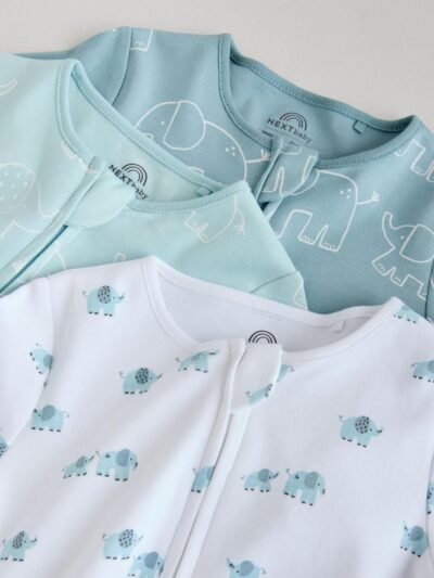 Blue Baby Linear Elephant Sleepsuits 3 Pack