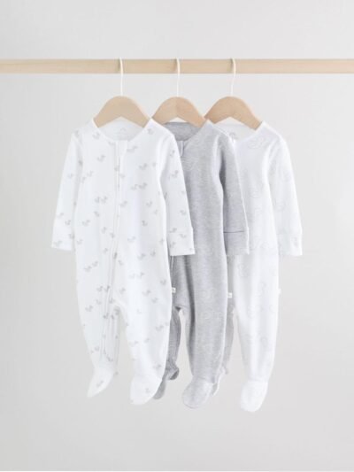 Grey Baby Two Way Zip Sleepsuits 3 Pack