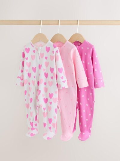 Pink 3 Pack Two Way Zip Baby Sleepsuits