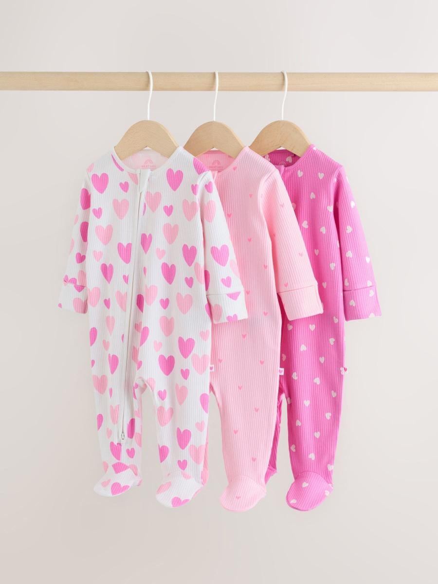 Pink 3 Pack Two Way Zip Baby Sleepsuits