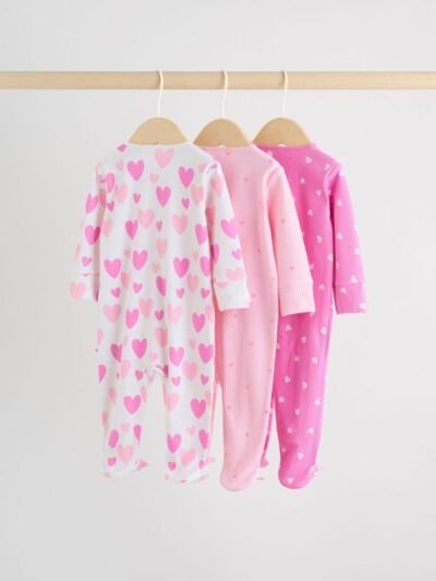 Pink 3 Pack Two Way Zip Baby Sleepsuits