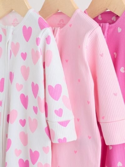 Pink 3 Pack Two Way Zip Baby Sleepsuits