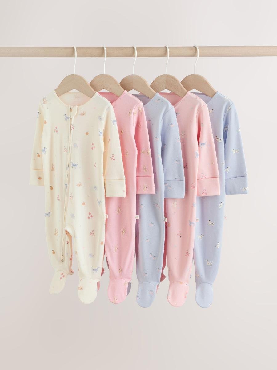 Multi Pastel Character 5 Pack Two Way Zip Baby Sleepsuits