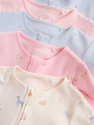 Multi Pastel Character 5 Pack Two Way Zip Baby Sleepsuits