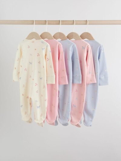 Multi Pastel Character 5 Pack Two Way Zip Baby Sleepsuits