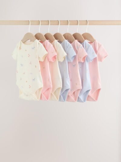 Multi Pastel Character 7 Pack Short Sleeve Baby Bodysuits